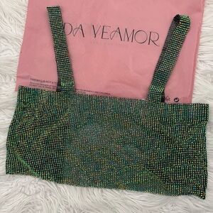 Da Veamor Rhinestone Claral Green open back top with chain detail, OS